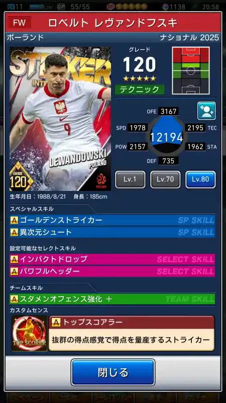  ロベルトレヴァンドフスキ（グレード：120）のスキルデータ