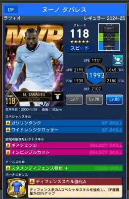  ヌーノタバレス ラツィオ（グレード：118）のスキルデータ