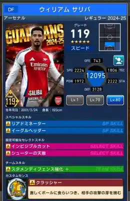  アーセナル ウィリアム サリバ（グレード：119）のスキルデータ