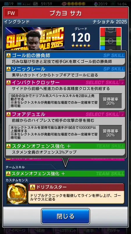 ブカヨ サカ（グレード：120）のスキルデータ