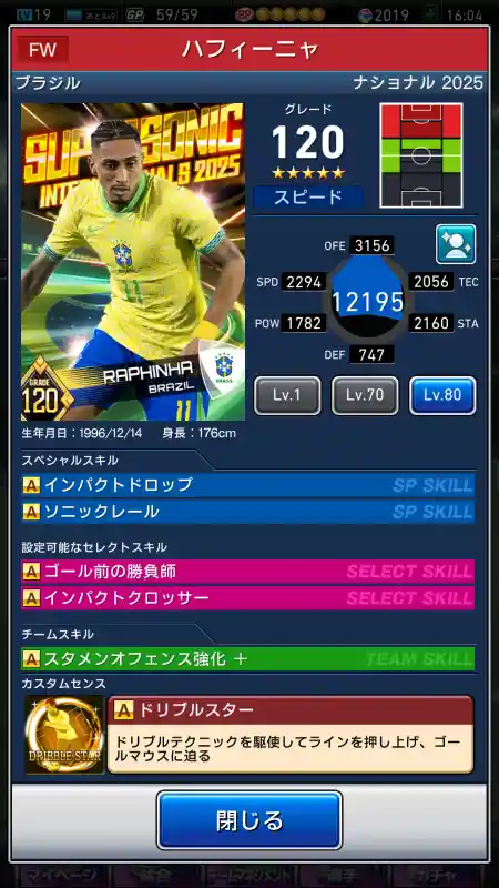  ハフィーニャ（グレード：120）のスキルデータ