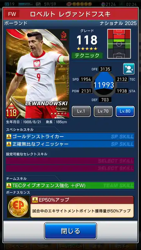  ロベルトレヴァンドフスキ（グレード：118）のスキルデータ