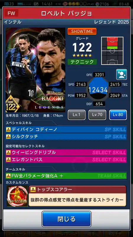  ロベルトバッジョ インテル（グレード：122）のスキルデータ