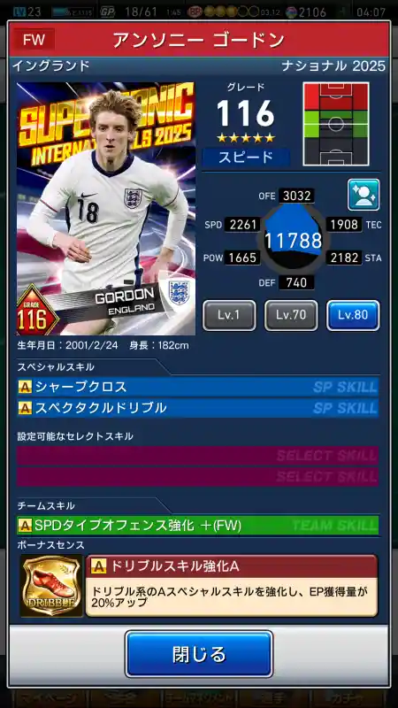  アンソニー ゴードン（グレード：116）のスキルデータ