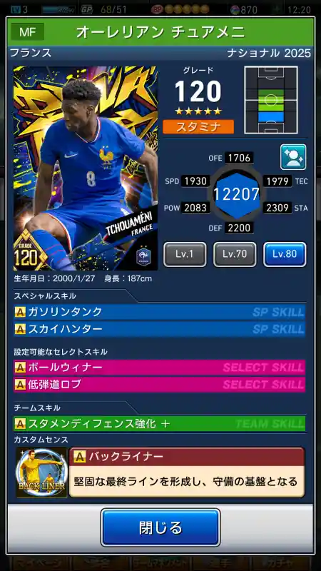  オーレリアン チュアメニ（グレード：120）のスキルデータ