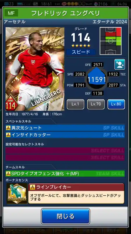  フレドリック ユングベリ アーセナル（グレード：114）のスキルデータ