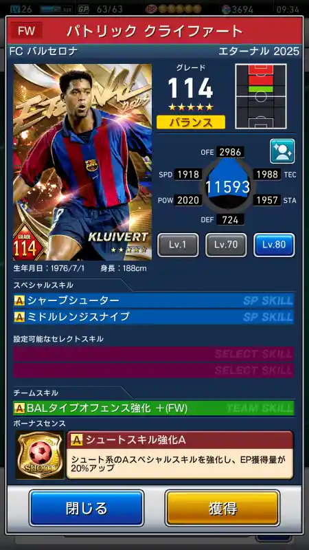  パトリック クライファート バルセロナ（グレード：114）のスキルデータ