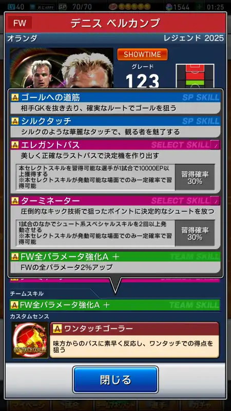 デニス ベルカンプ（グレード：123）のスキルデータ