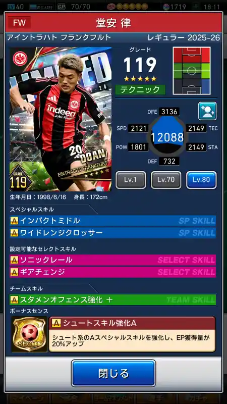  堂安 律 アイントラハト フランクフルト（グレード：119）のスキルデータ