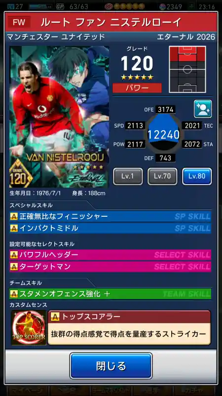  ルートファンニステルローイ マンチェスター ユナイテッド（グレード：120）のスキルデータ