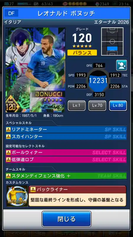  レオナルド ボヌッチ（グレード：120）のスキルデータ