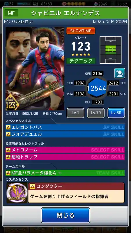  シャビエル エルナンデス バルセロナ（グレード：123）のスキルデータ