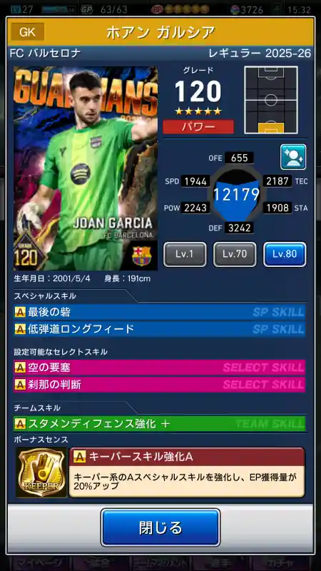  バルセロナ ホアン ガルシア（グレード：120）のスキルデータ