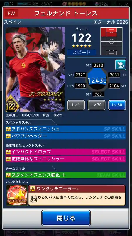  フェルナンド トーレス（グレード：122）のスキルデータ