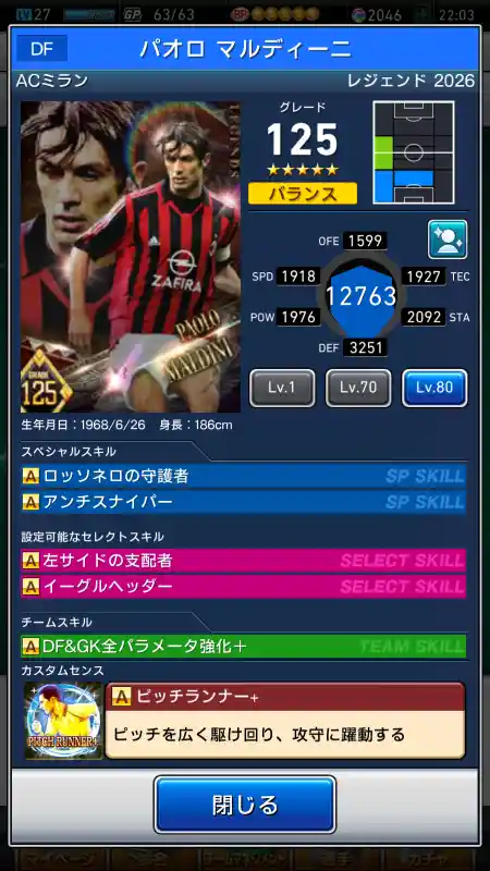  パオロマルディーニ ミラン（グレード：125）のスキルデータ
