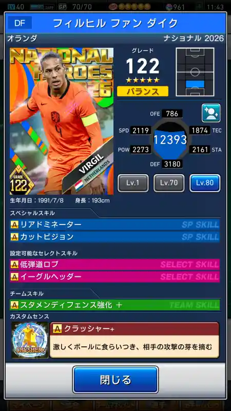  フィルヒル ファンダイク（グレード：122）のスキルデータ