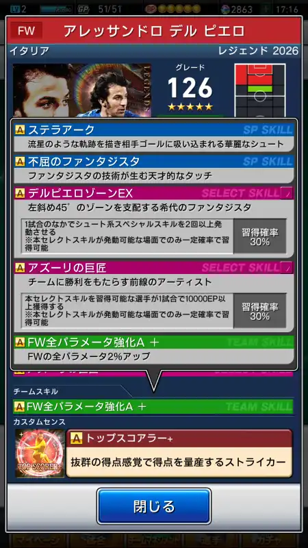 アレッサンドロ デルピエロ（グレード：126）のスキル画像