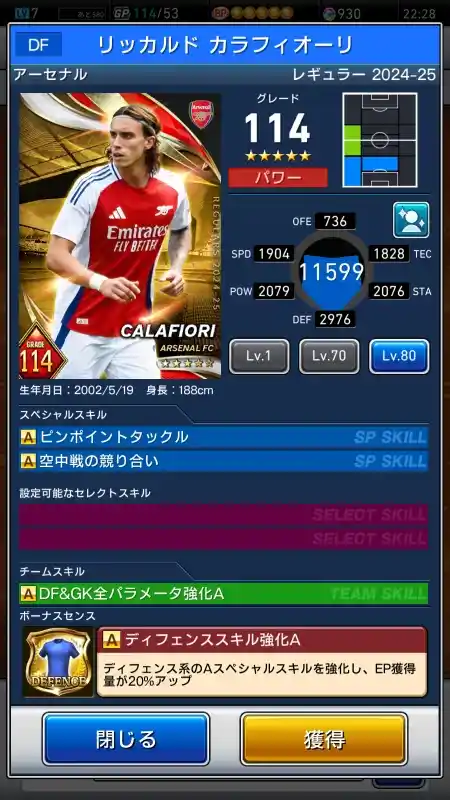  リッカルド カラフィオーリ アーセナル（グレード：114）のスキルデータ