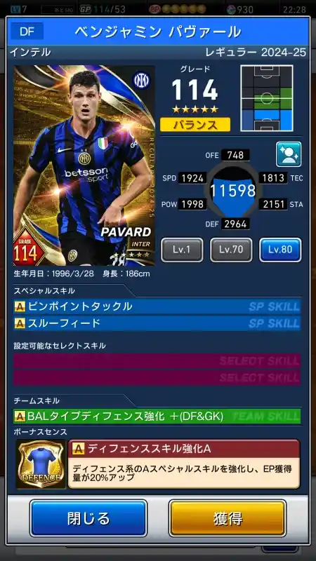  ベンジャミン パヴァール インテル（グレード：114）のスキルデータ