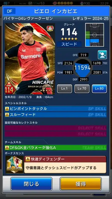  ピエロ インカピエ バイヤーレヴァークーゼン（グレード：114）のスキルデータ