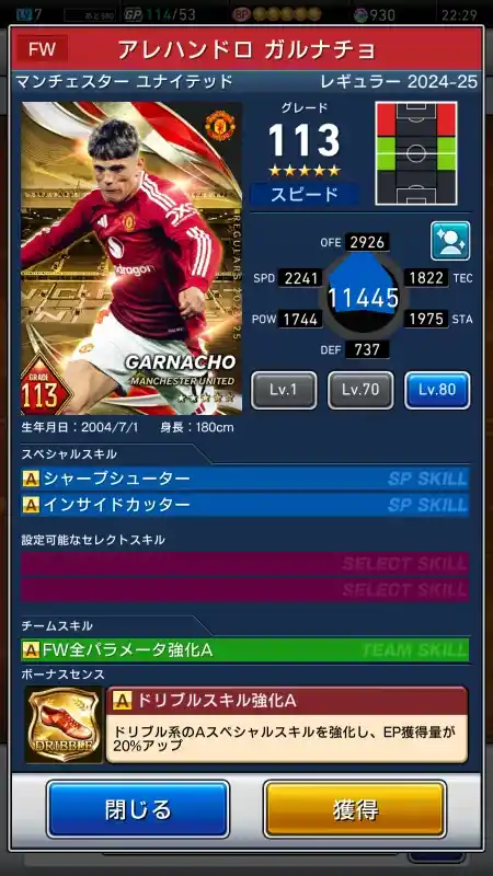  アレハンドロ ガルナチョ マンチェスター ユナイテッド（グレード：113）のスキルデータ